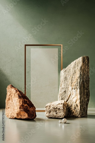 Creative Arrangement of Natural Stones and a Mirror in Modern Interior Design...