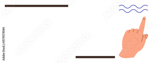Hand pointing towards wavy lines conveying interaction, touch, and communication. Ideal for technology, minimalism, user interface, creativity, simplicity education innovation. Modern simple flat