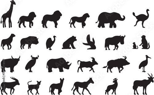 Diverse African wildlife silhouettes giraffe lion