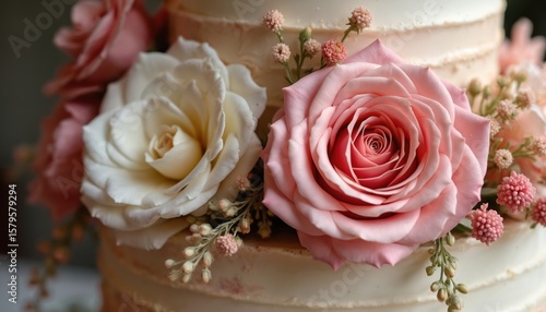 Elegant wedding cake decorated with pink, white roses, delicate blossoms, soft cream frosting. Multi-tiered dessert perfect for celebrations, receptions, special events, adding touch of floral