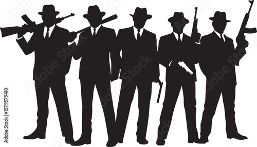 Five men in suits and hats holding weapons silhouette guns