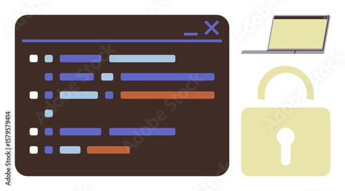 Open coding interface with lines of code, a laptop, and a lock icon representing cybersecurity, data protection, and programming. Ideal for technology, software development, encryption, privacy