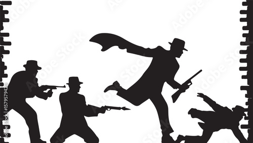 Gangsters with guns in action running shooting