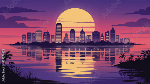 Vibrant Vector City Skyline at Sunset with Reflections on Water, Tropical Silhouette Landscape, Modern Urban Illustration