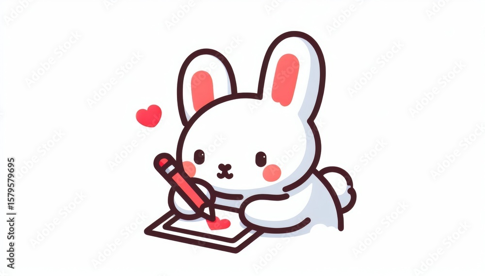 Obraz premium Cute White Bunny Drawing a Heart with a Red Pencil