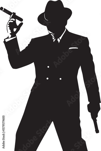 Man in hat holding cigar and gun silhouette fedora