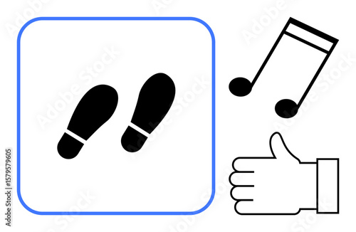 Footstep icons in a square highlight dance movements, paired with music notes and a thumbs-up sign. Ideal for education, performance, rhythm, creativity, dance class, positivity, simple landing page