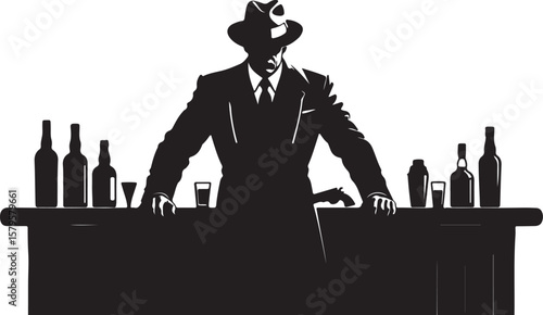 Man in suit and hat behind bar with bottles and gun vector