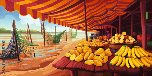 Colorful Riverfront Market with Tropical Fruits, Yellow Bananas, Mangoes, Local Sellers, and Fishing Nets in Vibrant Morning Light