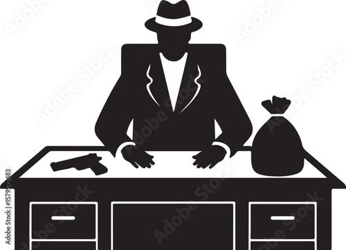 Man in suit and hat with gun and money bag at desk vector