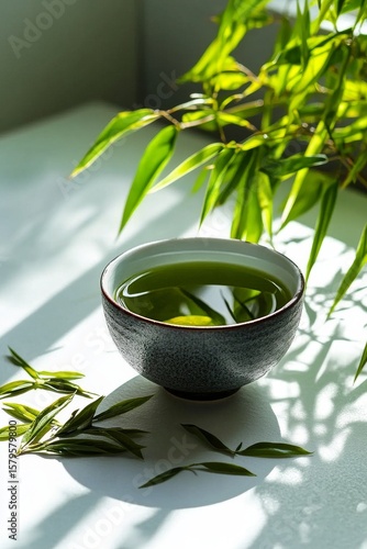 Fresh Green Tea in a Bowl With Bamboo Leaves on a Sunlit Surface.