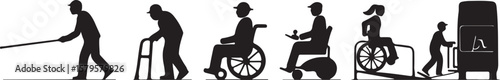 People with mobility aids and assistance devices silhouette