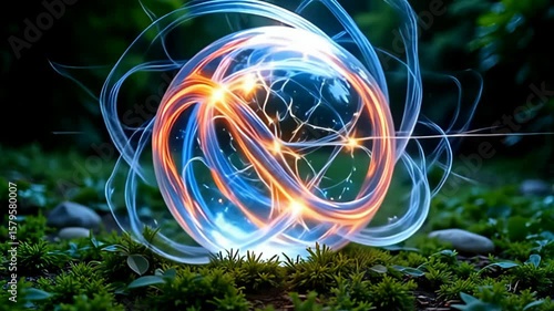 Within a vibrant whirlpool of color, a noise hazy abstract sphere pulsating like liquid glass radiates energy, each pulse creating intricate patterns of light that swirl elegantly around it,