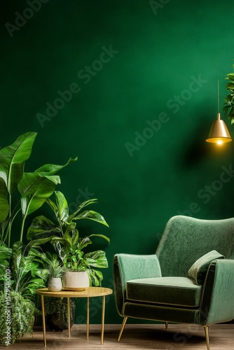 Cozy Living Room Corner With Green Plants and Stylish Armchair Under Warm Light
