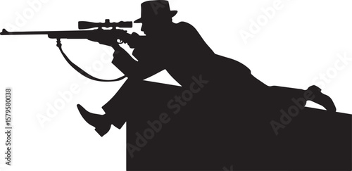 Silhouette of a man aiming a rifle from a concealed position sniper