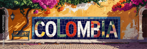 Vibrant Cartagena Colombia Street Art Mural with Colorful Mosaic Letters, Colonial Architecture, Bench, and Flowers