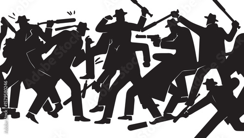 Silhouetted figures in action with weapons black and white silhouettes