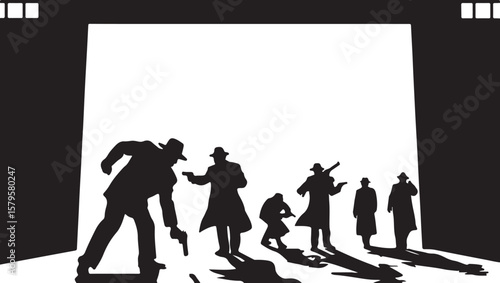 Silhouetted figures with guns in dramatic lighting vector