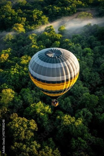 Hot Air Balloon Floating Above Lush Green Forest at Sunrise