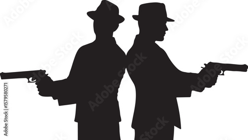 Silhouetted men holding guns pistols fedora hats