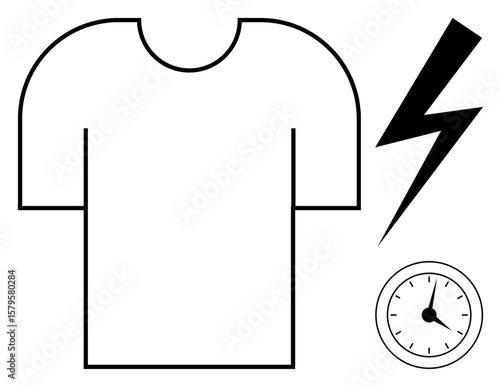 T-shirt outline with bold lightning bolt and clock, symbolizing energy, speed, efficiency, and time management. Ideal for productivity, fashion, power, simplicity efficiency creativity