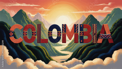 Vibrant Colombia Landscape Illustration with Sunrise, Andean Mountains, Clouds, and Ethnic Typography for Travel and Tourism Design