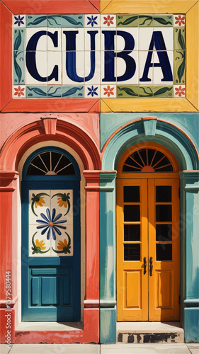 Vibrant Cuban Architecture: Colorful Colonial Doorways and Decorative Tiles in Old Havana Street Art Style