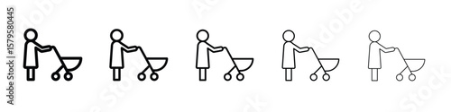Woman with Baby Stroller icon in web style. Vector illustration. Eps10