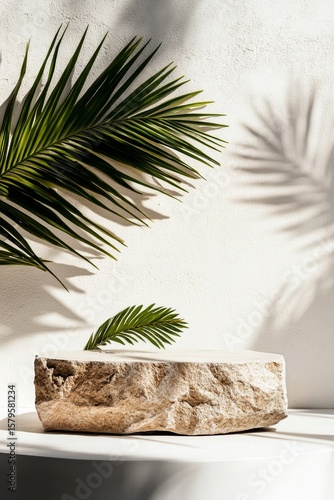 Decorative Stone Display With Palm Leaf Under Soft Lighting in a Modern Inter...