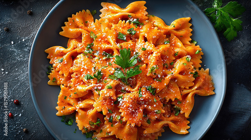 Farfalle alla Vodka Bow-tie pasta in a creamy vodka tomato sauceon at the center of a dark background