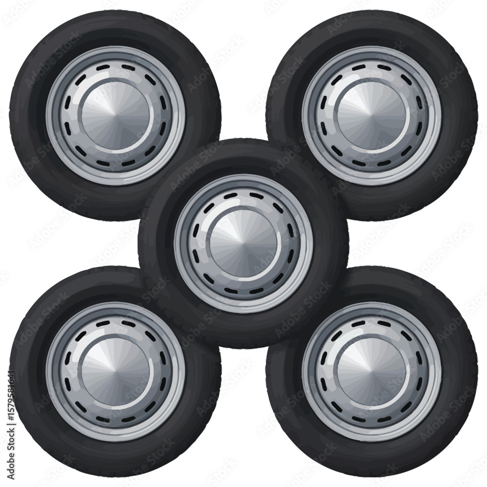 Five Car Tires with Silver Hubcaps Five Car Tires with Silver Hubcaps