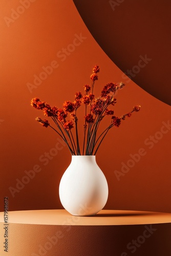 Elegant Still Life of Red Flowers in White Vase Against Orange Background for...