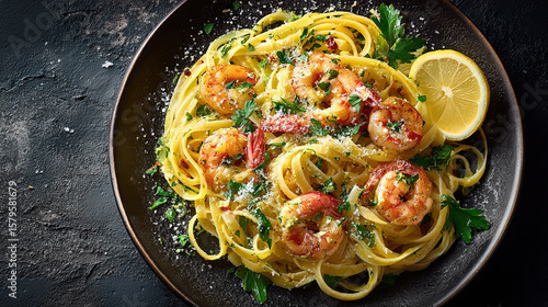Linguine with lemon and shrimp. Presented on a black plate dark background