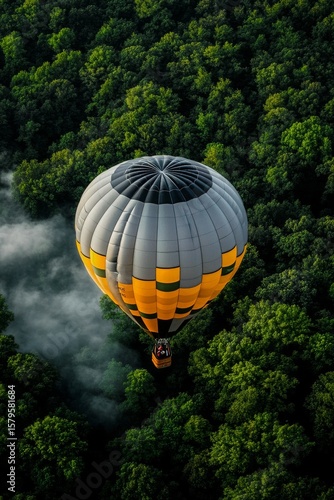 Hot Air Balloon Floats Over Lush Green Forest With Fog in Early Morning Light