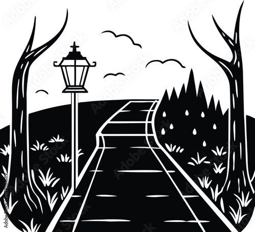 A vector illustration of a girl and man silhouettes traveling on a night city road with a captivating sky and streetlights