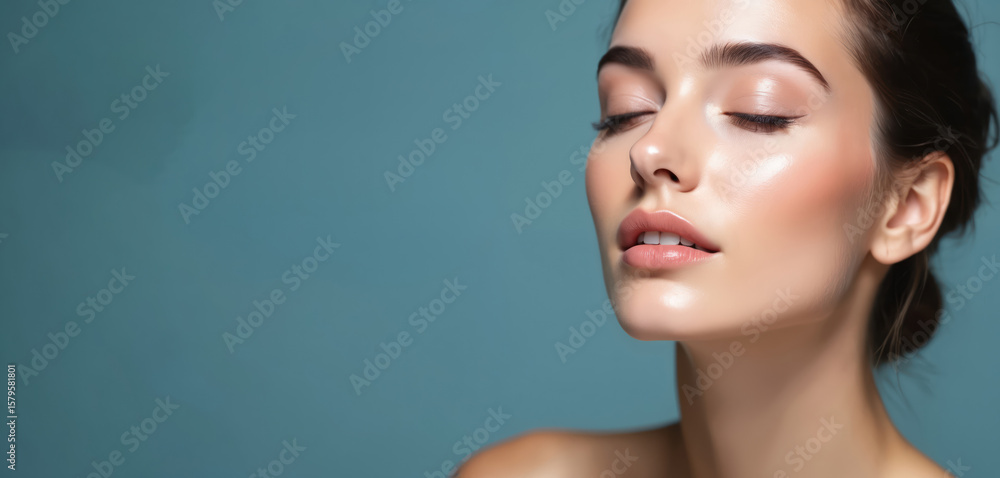 Obraz premium Beautiful woman with perfect clean skin, flawless makeup, glowing radiance. Gentle facial massage, spa treatment, cosmetology banner, wellness, beauty, pure.