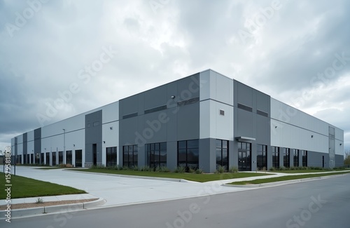 Wallpaper Mural Modern industrial building exterior. Large gray, white structure with many windows. Features clean lines, geometric design, suggesting tech hub logistics center. Suitable for business, data, Torontodigital.ca