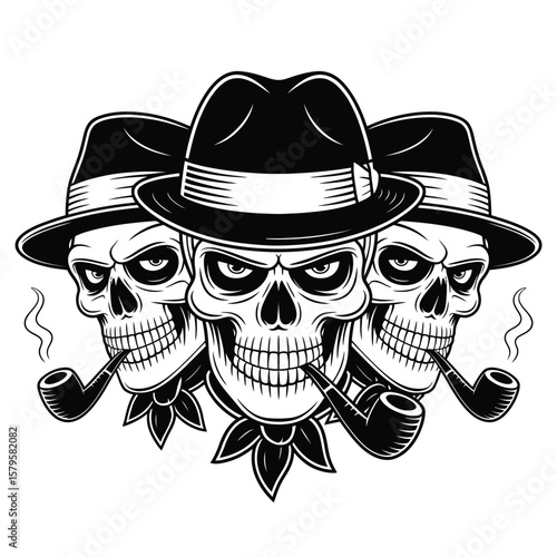 Three menacing skulls wearing fedora hats and smoking pipes with bandanas