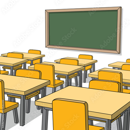Empty classroom with rows of yellow desks and chairs and a green chalkboard