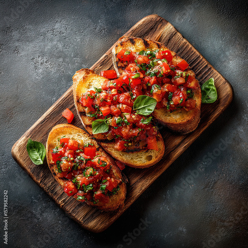 Bruschetta al Pomodoro Grilled bread topped with diced tomatoes, garlic, and basil on wooden board placed at the center of a dark background