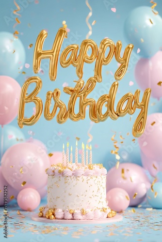 Festive Birthday Celebration With Balloons and Cake in Pastel Colors.