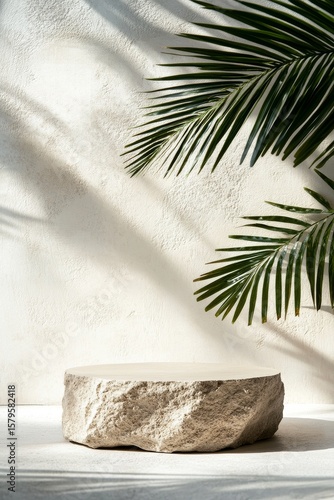 Natural Stone Table Framed by Palm Leaves Creating a Calming Atmosphere in a ...
