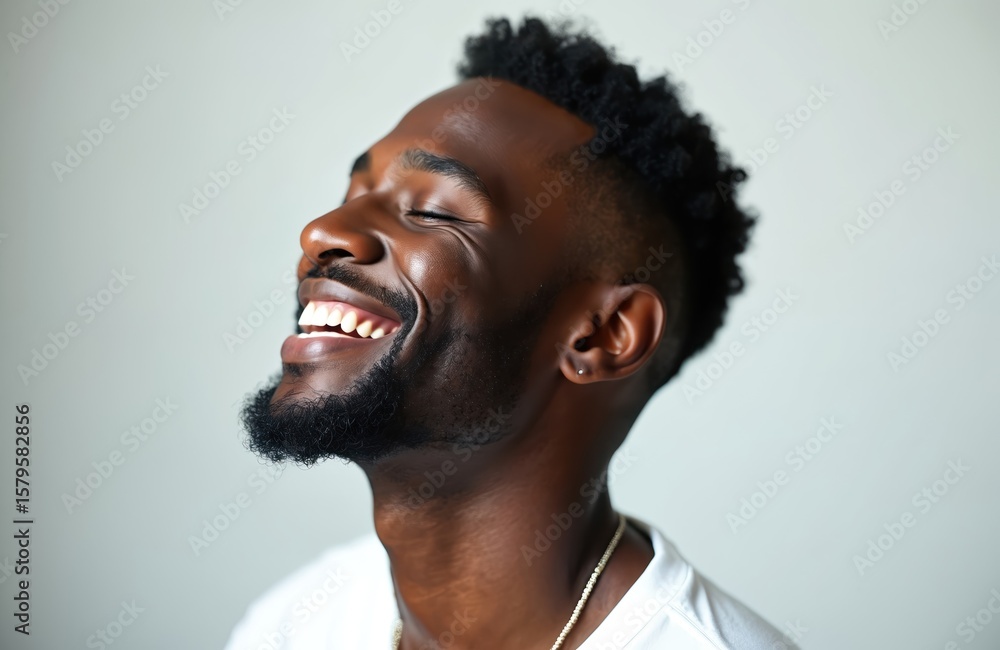 Obraz premium Young Black man laughs heartily in studio, eyes closed, celebrating flawless melanin skin. Radiant, confident, joyful expression. Represents skincare, beauty, self-care, and male grooming.