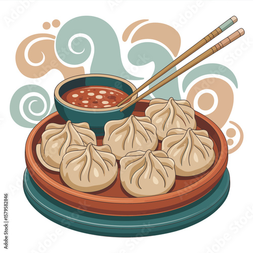 Delicious dumplings served with dipping sauce and chopsticks on a decorative plate