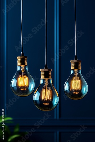 Elegant Hanging Light Fixtures Illuminating a Blue Wall Creating a Cozy Atmos...