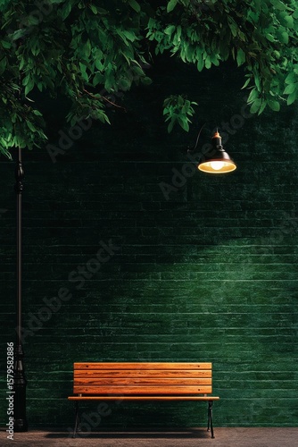 Orange Bench Illuminated by a Vintage Lamp Against a Teal Brick Wall in a Qui...