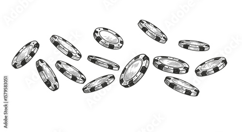 Flying Casino Chips Vintage Ink Sketch - Black And White Illustration Engraving Vector SVG









