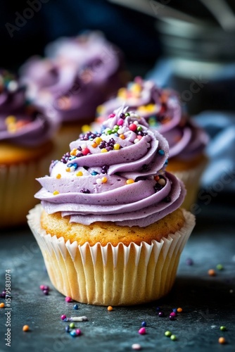 Delicious Purple Frosted Cupcakes Topped With Colorful Sprinkles on a Dark Co...