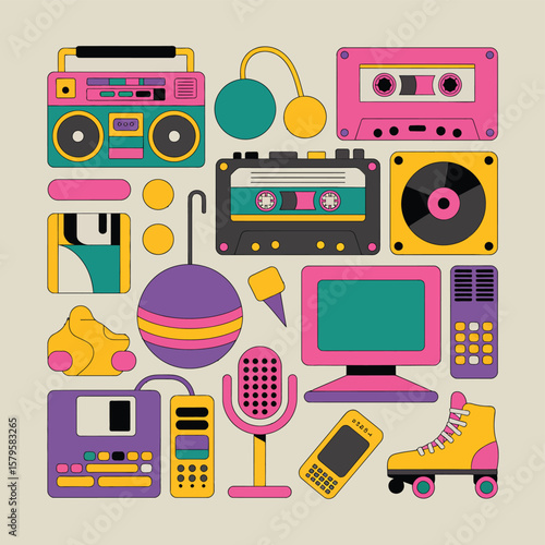 Retro technology and music icons in a vibrant colorful flat design style