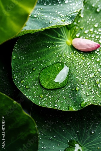 Dewdrops Glisten on Green Lotus Leaves With a Pink Flower Bud in a Serene Wat...